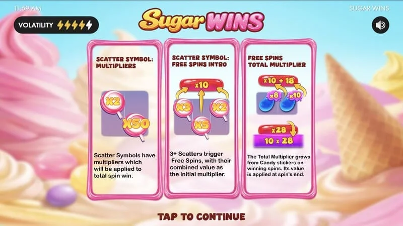 Sugar Wins - menú principal del slot